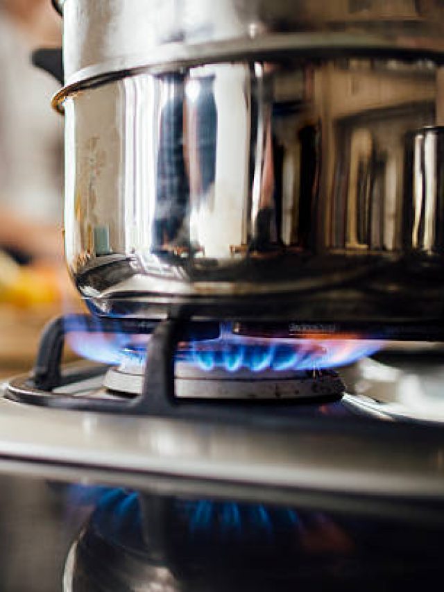 Vegetable steamer on a gas hob.